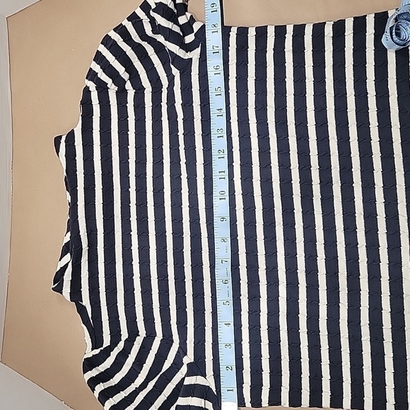 Talbots Size PM, Navy Blue And Ivory Striped, Mock Neck, Puff Sleeves, EUC - Picture 8 of 9